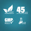 Infographic showcasing finest ingredients, 45 years of manufacturing expertise, GMP quality assurance, and lab testing.