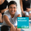 Woman smiling and stretching in a yoga class with a Natural Vitality Maxcalm graphic.
