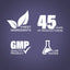 Infographic highlighting finest ingredients, 45 years of manufacturing, GMP quality product, and lab tested assurance.
