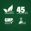 Infographic showing finest ingredients, 45 years of manufacturing, GMP quality, and lab-tested assurance.
