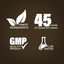 Infographic highlighting finest ingredients, 45 years of manufacturing, GMP quality product, and lab tested assurance.