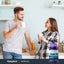 A young couple in a kitchen smiling and holding mugs, with a bottle of Super Strength Water Pill visible.