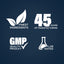Infographic showing: finest ingredients, 45 years of manufacturing, GMP quality product, lab tested for quality assurance.