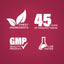 Infographic highlighting the finest ingredients, 45 years of manufacturing, GMP quality products, and lab-tested assurance.
