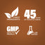 Infographic stating finest ingredients, 45 years of manufacturing, GMP quality product, lab tested for assurance.