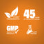 Infographic stating product uses finest ingredients, is GMP quality, lab tested, and has 45 years of manufacturing expertise.