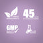 Infographic highlighting finest ingredients, 45 years of manufacturing, GMP quality products, and lab testing assurance.