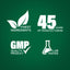 Graphic highlighting finest ingredients, 45 years of manufacturing, GMP quality, and lab-tested assurance.