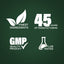 Infographic detailing finest ingredients, 45 years of manufacturing, GMP quality product, and lab tested standards.