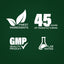 Infographic highlighting finest ingredients, 45 years of manufacturing, GMP quality product, and lab tested.