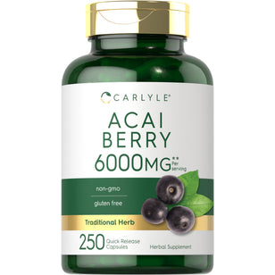 Carlyle Acai Berry 6000 mg Herbal Supplement contains 250 quick-release capsules.