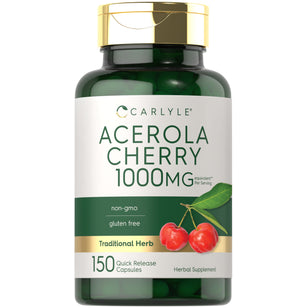 Carlyle Acerola Cherry 1000 mg in a bottle of 150 capsules, featuring quick release for easy absorption.