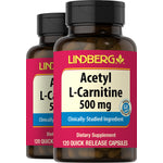 Two bottles of Lindberg Acetyl L-Carnitine 500 mg 120 Quick Release Capsules, Clinically-Studied Ingredient, Verified Gluten Free.