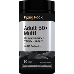 Multivitamin supplement with CoQ10 and probiotics for adults 50+, contains 90 coated caplets.