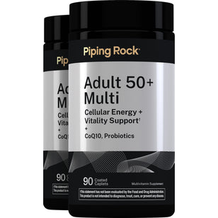 Adult 50+ Multi with CoQ10 and Probiotics, 90 coated caplets for enhanced nutritional support.