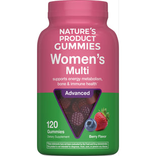 Nature's Product Women's Multi Gummies with 120 berry flavor gummies supports energy metabolism, bone and immune health.