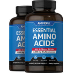 Two bottles of AminoFit Essential Amino Acids, 180 Quick Release Capsules, Gluten Free, 3,000 mg EAAs per serving.