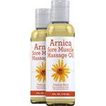 Two bottles of Arnica Sore Muscle Massage Oil, each containing 4 FL. OZ. (118 mL), displayed as a product image.