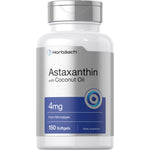 Horbäach Astaxanthin with Coconut Oil 4mg, sourced from microalgae, in a bottle of 150 softgels.