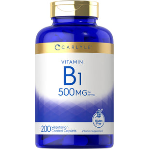 Vitamin B1 500 MG, 200 Vegetarian Coated Caplets. Gluten-free vitamin supplement.