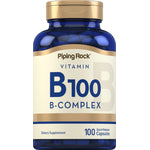 Bottle of Vitamin B100 B-Complex containing 100 quick release capsules.