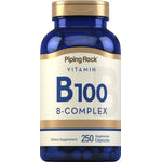 Vitamin B100 B-Complex dietary supplement, contains 250 vegetarian capsules in a bottle.