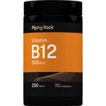 Vegan supplement containing 500 mcg vitamin B12 per tablet, available in a bottle of 250 tablets.