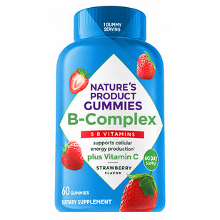 Nature's Product Gummies with 5 B Vitamins and Vitamin C, Strawberry flavor, 60 gummies, 60-day supply.