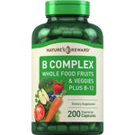 B Complex Whole Food Fruits & Veggies Plus B-12, 200 Vegetarian Capsules, with fruit and vegetable illustrations.