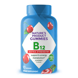 B12 Extra Strength gummies with 3000mcg per serving, 90 cherry flavor pieces supporting energy metabolism.