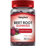 Beet Root Gummies, a dietary supplement, vegan formula, with strawberry flavor, contains 60 vegan gummies.