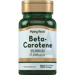 Beta-Carotene 25,000 IU (7,500 MCG) vitamin supplement with 100 quick release softgels.