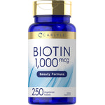 Carlyle Biotin 1,000 mcg beauty formula with 250 vegetarian tablets for vitamin supplementation.