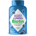 Biotin 5,000 mcg 100 Gummies, Blueberry flavor. Supports hair, skin, and nail health.