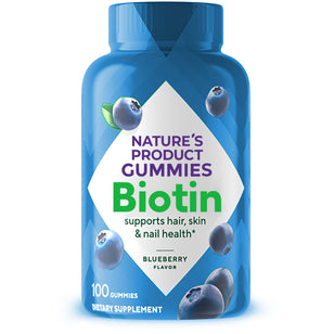 Nature's Product Gummies Biotin, blueberry flavor, supports hair, skin, and nail health; 100 gummies, dietary supplement.