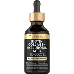 Carlyle Biotin Collagen Hyaluronic Acid Liquid, 110,000 mcg per serving, 2 FL. OZ. (59 mL), Orange Vanilla Flavor.