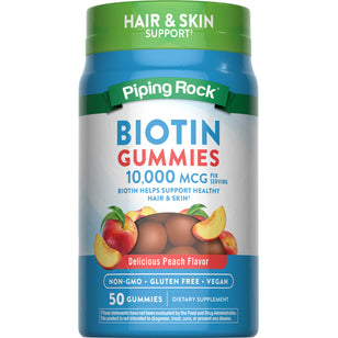Biotin Gummies for Hair and Skin Support, 10,000 MCG per serving, delicious peach flavor, 50 gummies, dietary supplement.
