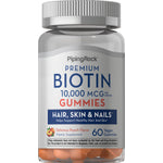 Delicious peach-flavored vegan gummies offering 10,000 MCG of biotin per serving, with 60 gummies per bottle.