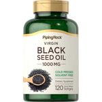 Virgin Black Seed Oil 1000 MG, cold pressed and solvent free dietary supplement with 120 quick release softgels.