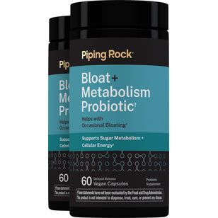 Two bottles of Bloat + Metabolism Probiotic featuring 60 delayed release vegan capsules.