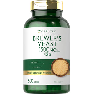 Carlyle Brewer's Yeast 1500MG +B12, 500 tablets. Non-GMO, naturally-occurring B-vitamins, 23 grains per serving.