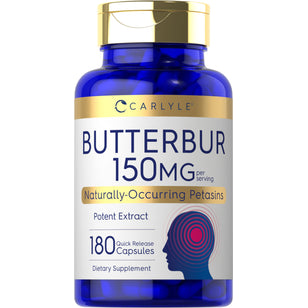 Carlyle Butterbur Extract capsules, 150 mg per serving, 180 quick release capsules in a bottle.