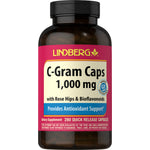 Lindberg C-Gram Caps 1,000 mg with Rose Hips and Bioflavonoids, a gluten-free supplement, 280 quick release capsules.