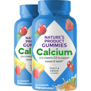 Two bottles of Nature's Product Gummies: Calcium plus vitamin D3 for bones and teeth, Fruit & Cream Flavors, 80 Gummies.
