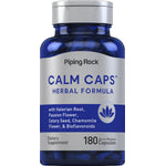 Calm Caps Herbal Formula contains 180 quick-release capsules for relaxation and stress relief.