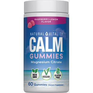 Natural Vitality Calm Gummies in raspberry-lemon flavor, featuring magnesium citrate, 60-count, dietary supplement.