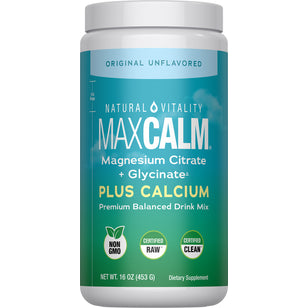 MAXCALM Magnesium Citrate + Glycinate with Calcium, a balanced drink mix, original unflavored, in a 16 oz (453 g) package.