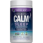 Natural Vitality Calm Sleep Magnesium Citrate drink mix in wildberry flavor, includes melatonin, L-theanine, and GABA, 6 oz.
