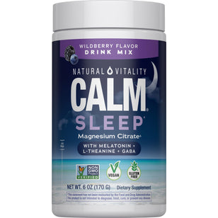 Natural Vitality Calm Sleep Magnesium Citrate drink mix in wildberry flavor, includes melatonin, L-theanine, and GABA, 6 oz.