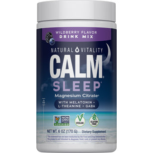 Natural Vitality Calm Sleep Magnesium Citrate with Melatonin, L-Theanine, GABA Wildberry Flavor Drink Mix, 6 oz (170 g).